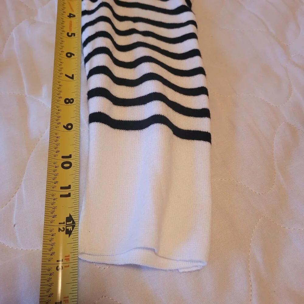 Talbots white collared polo sweater black stripes button cuffs nautical preppy M - Picture 8 of 10